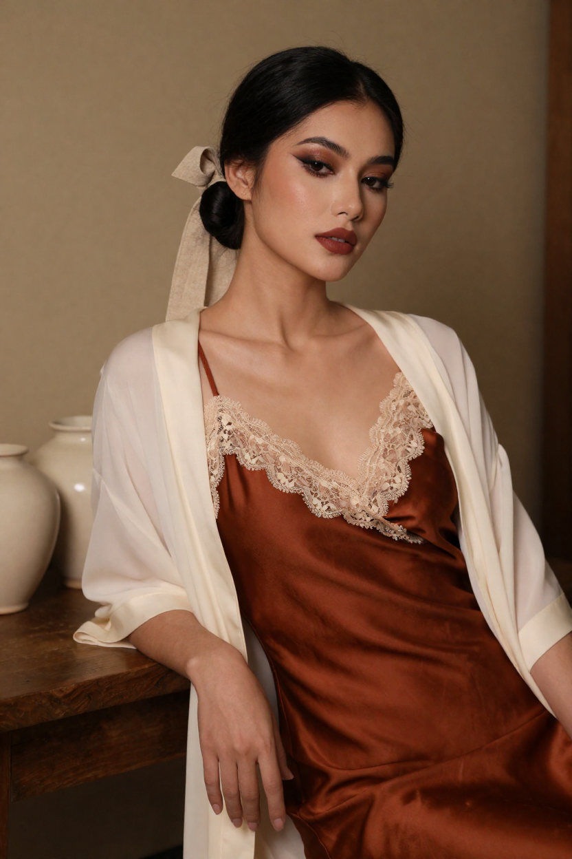 Fictional 29-year-old woman, black hair in a low chignon with a plain linen ribbon, smoky eye
